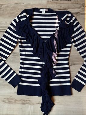 Boston Proper Navy and White Ruffle-Front Striped Long Sleeve Top